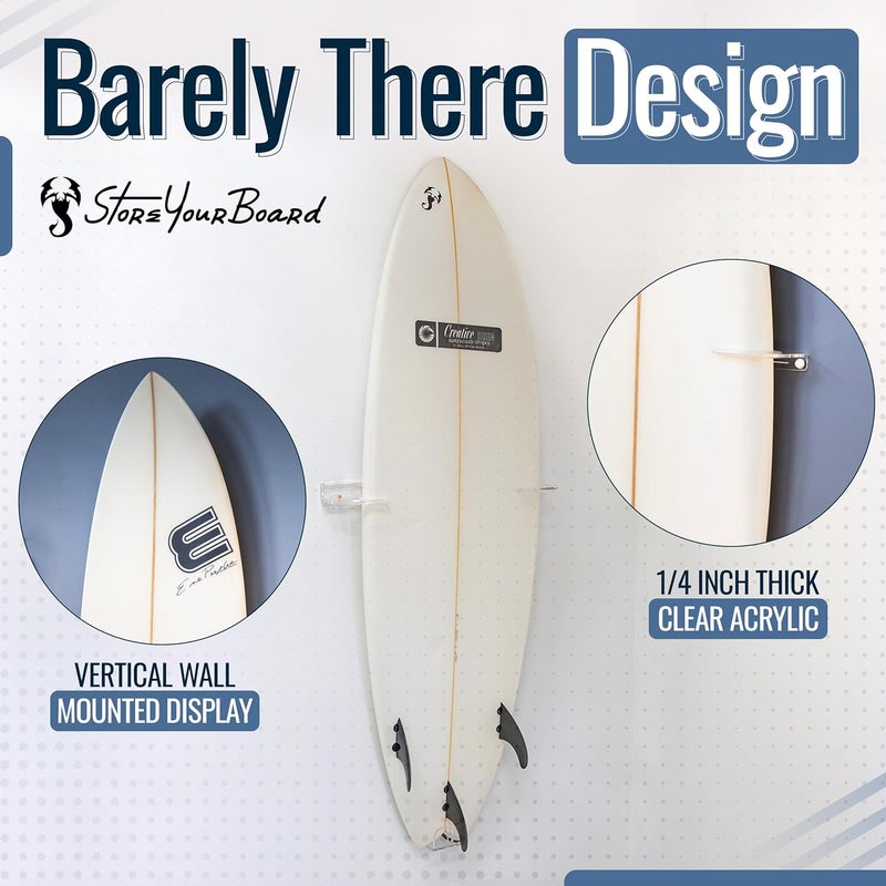 StoreYourBoard Floating Surfboard Wall Mount, Clear Acrylic Surf Board Display, Indoor Surfboard Wall Decor, Vertical Surfboard Rack for Shortboards, Fish Boards, and Funboards, Holds 50 lbs - Image 3